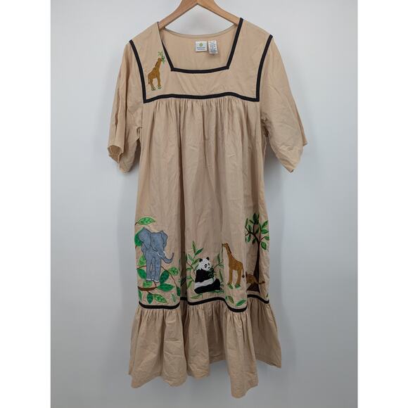 Vintage Smithsonian Institution Safari Animal Embroidered Large Cotton Dress - Picture 1 of 5